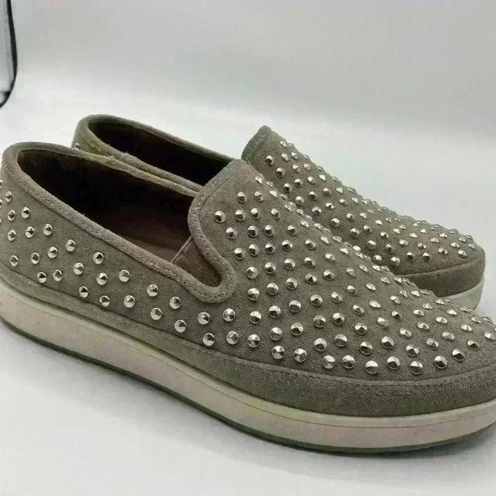 Donald J Pliner Shoes Women's 9.5 Taupe Suede Studded Slip On Sneakers - Picture 2 of 5